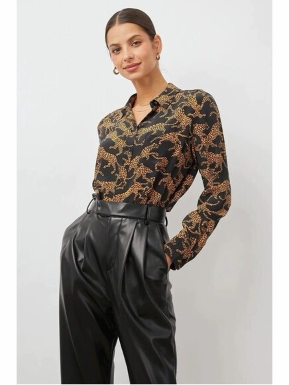 Rails “Kate” Lynx Silk Button-Down Shirt w/ Gold Animal Print, XS